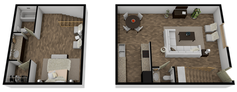 Floor plan for 1 bed, 1.5 baths, 807 sqft